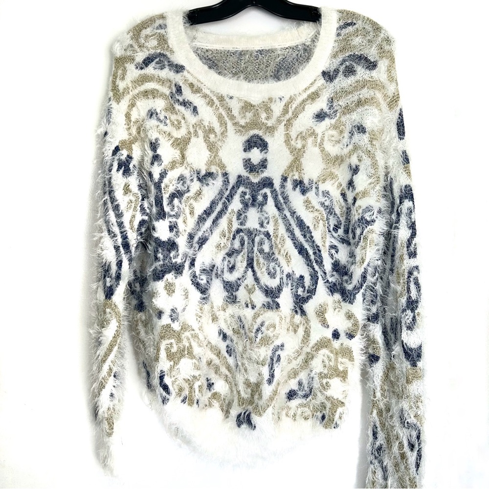 Fuzzy Sparkly White Blue Gold Flourish Sweater Furry Eyelash Fabric Stretchy L